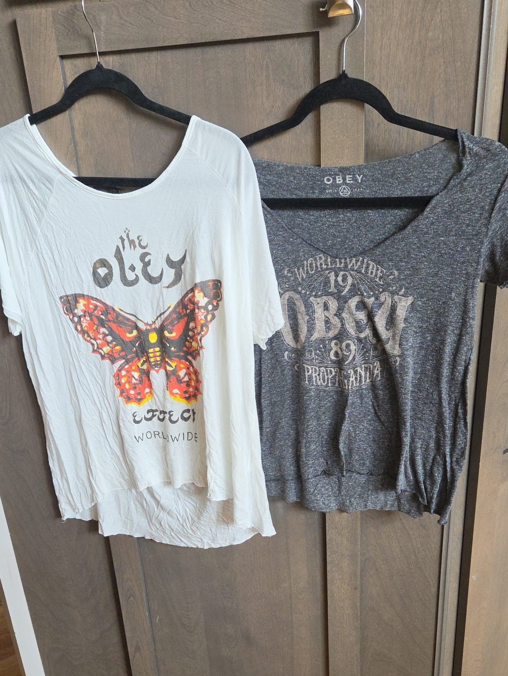 Obey Women's White Butterfly Graphic Tee with Multicolor Print